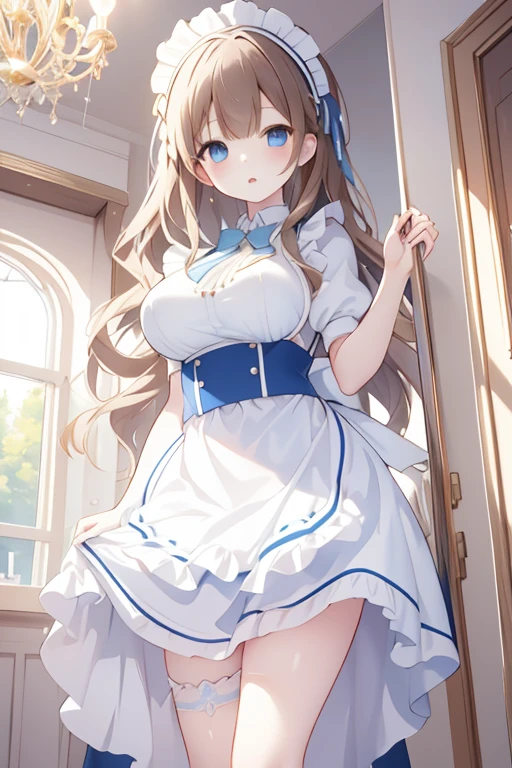 さmasterpiece, best quality, 1 girl, solo, large breasts, wavy hair, brown hair, light blue eyes, maid, maid headdress, frill apron, in the castle, chandelier, standing, skirt lift
