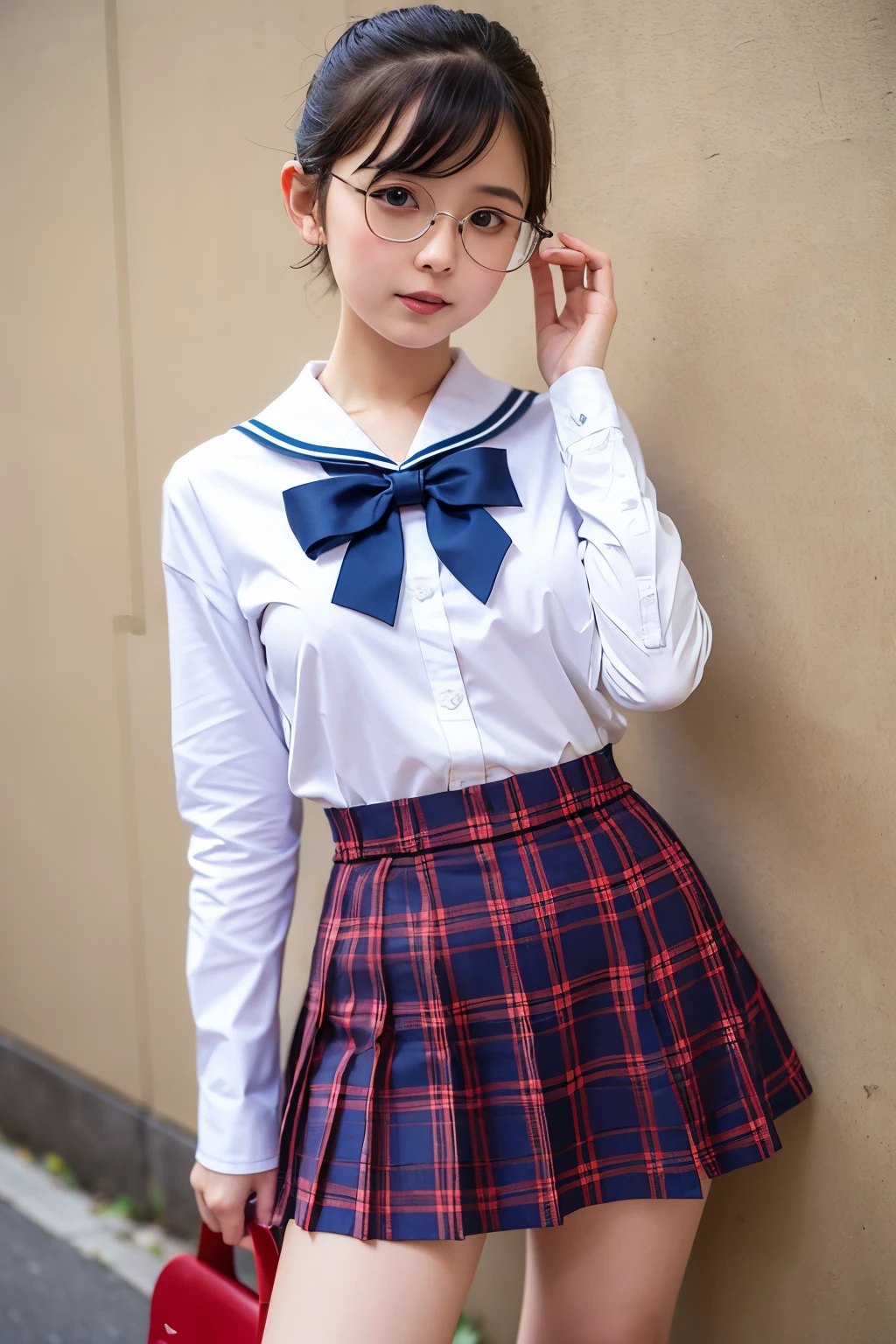 ((Highest quality)), ((masterpiece)), (detailed), One person,Perfect skeleton,Small hands,Long limbs,Wearing rimless glasses,Short Hair,Looks about 15 years old,cute,uniform,Wearing a sailor uniform,Checkered mini skirt,Very small breasts,Soaked clothes