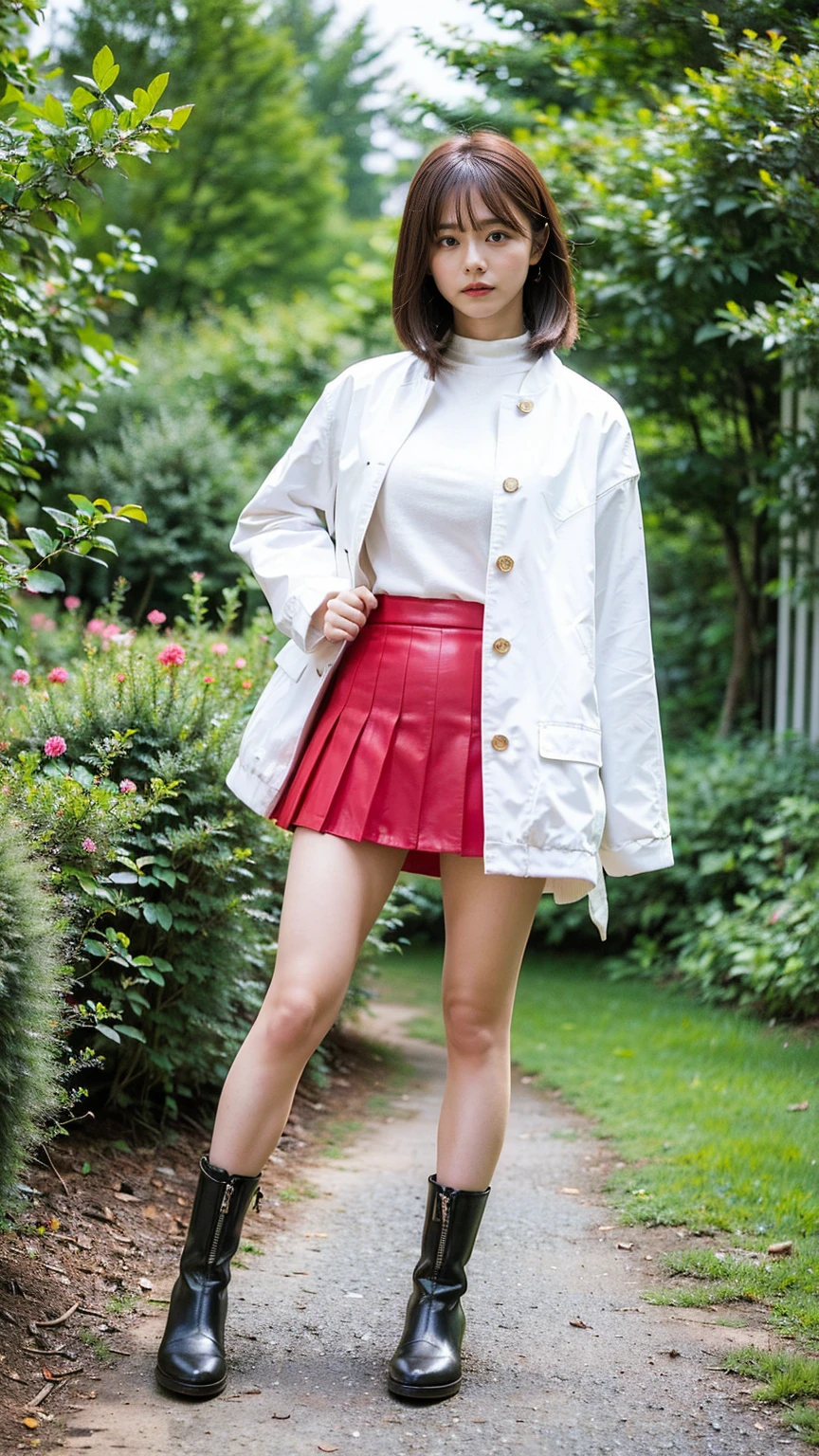 (8k、RAW Photos、Highest quality、masterpiece:1.2)、(Realistic、Realistic)、1 person、((Red mini skirt、White jacket、boots、whole body、Check mini skirt、garden、View from the front、Looking into the camera、Hands on your hips))、cute