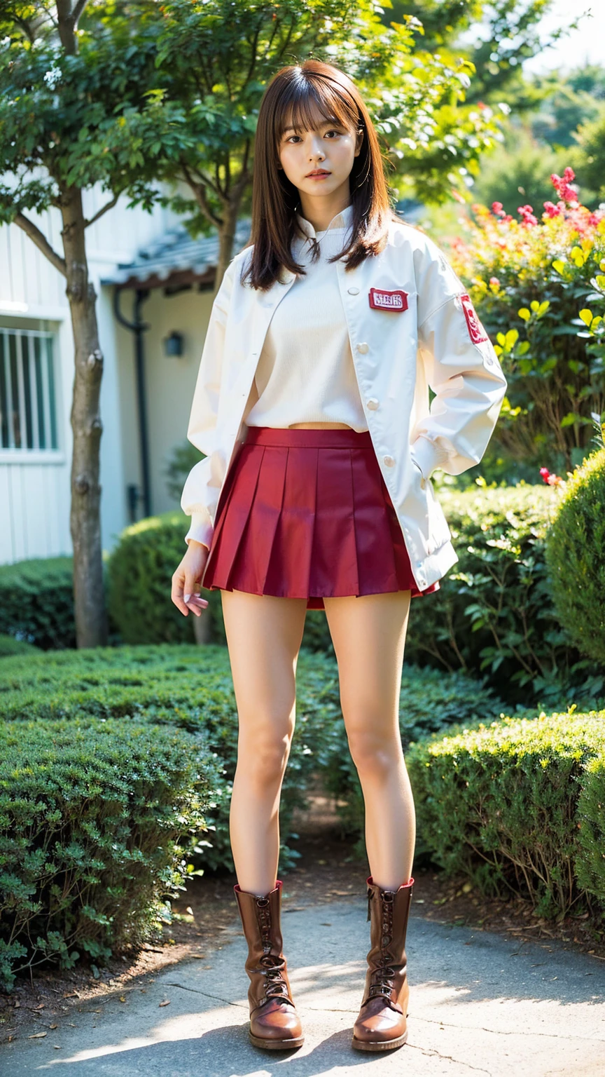 (8k、RAW Photos、Highest quality、masterpiece:1.2)、(Realistic、Realistic)、1 person、((Red mini skirt、White jacket、boots、whole body、Check mini skirt、garden、View from the front、Looking into the camera、Hands on your hips))、cute