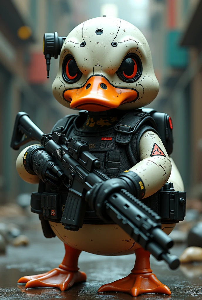a duck in the shape of a skull , wearing high-tech military equipment carrying heavy caliber weapons while looking at the camera