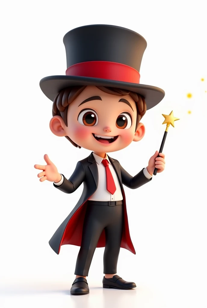 A happy and cute person with short brown hair, wearing a magician's outfit consisting of a white shirt, a red tie, a pair of black pants, shoes black, a black top hat with a red band on his head and a magic wand in his hand, white background, Pixar-style, 3d, Cartoon s, face detailed, asymmetric