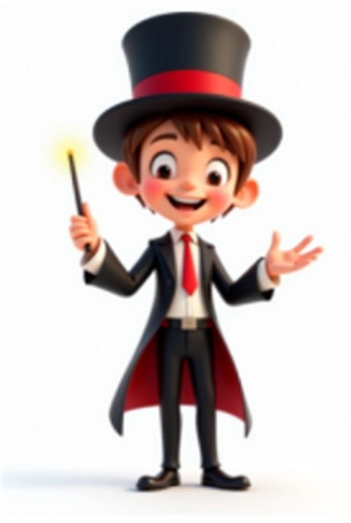 A happy and cute person with short brown hair, wearing a magician's outfit consisting of a white shirt, a red tie, a pair of black pants, shoes black, a black top hat with a red band on his head and a magic wand in his hand, white background, Pixar-style, 3d, Cartoon s, face detailed, asymmetric