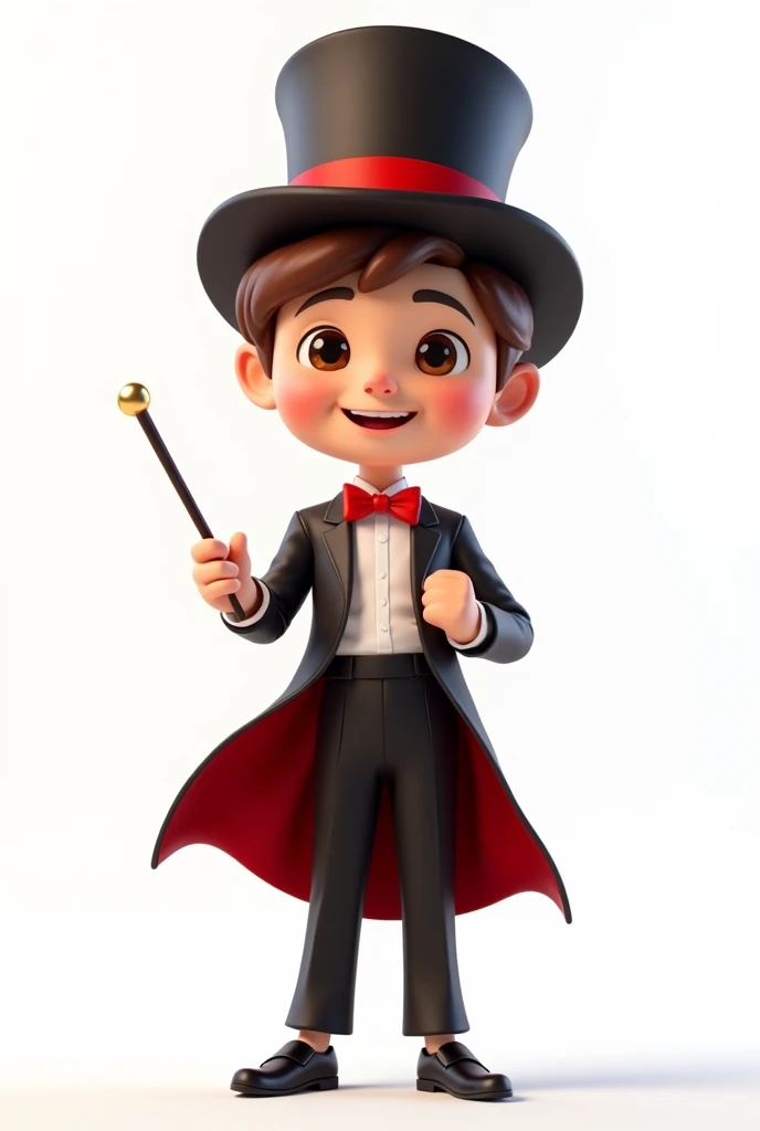 A happy and cute person with short brown hair, wearing a magician's outfit consisting of a white shirt, a red tie, a pair of black pants, shoes black, a black top hat with a red band on his head and a magic wand in his hand, white background, Pixar-style, 3d, Cartoon s, face detailed, asymmetric