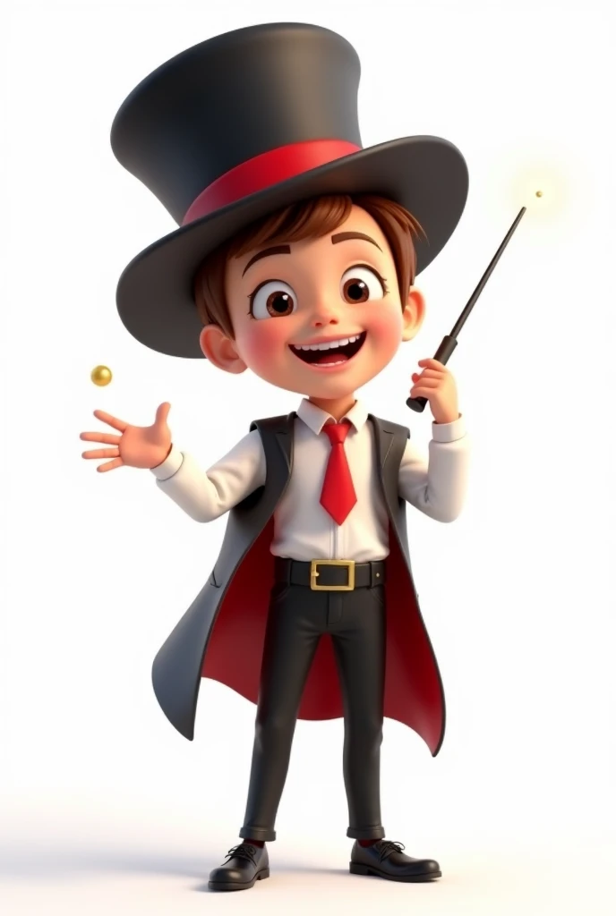 A happy and cute person with short brown hair, wearing a magician's outfit consisting of a white shirt, a red tie, a pair of black pants, shoes black, a black top hat with a red band on his head and a magic wand in his hand, white background, Pixar-style, 3d, Cartoon s, face detailed, asymmetric