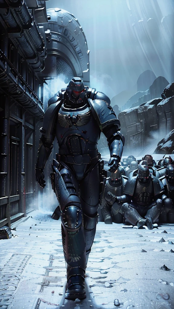 A light-blue and white space marine troop, in an ice plain, during a snowstorm, ((light-blue and white armor, St99rong suit , dramatic light, space marine, light blue armor, fighting pose, snowstorm, snow mountains in the background, a dreadnout in the background, space marine mask, chainsaw sword, strong man, masterpiece, space marine,(Epic armor, metal reflections), hdr, best quality, uhd, 8k resolution, best light, realistic, detailed background, detailed face, detailed hands, full body, (city ruins)(open field surrounded by fire), (alien planet), (spaceships flying in the sky) (white armor highlights) high detailed mask, Warhammer Adeptus, Adeptus Masck
