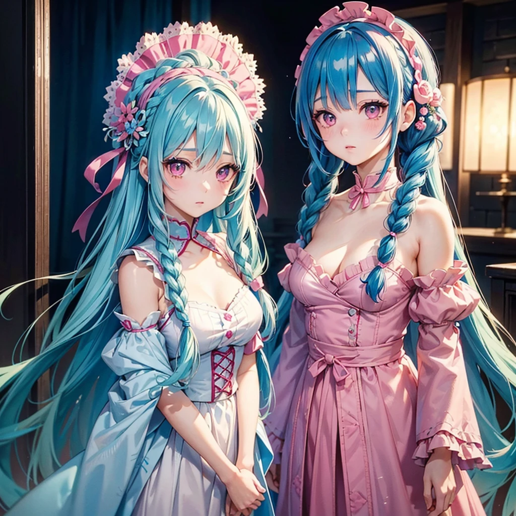 (Tying her sky blue hair into a single braid),(Pink Eyes),Fair skin,whole body,alone,Doll Festival、Hina Dolls、Hina Arare、masterpiece, Highest quality, Very detailed, Best Shadow,Detailed Background,Beautifully detailed face,High Contrast,Best lighting, Very delicate and beautiful,Cinematic Light,Hyper Detail,8k,Dramatic Light,Exquisite detail,