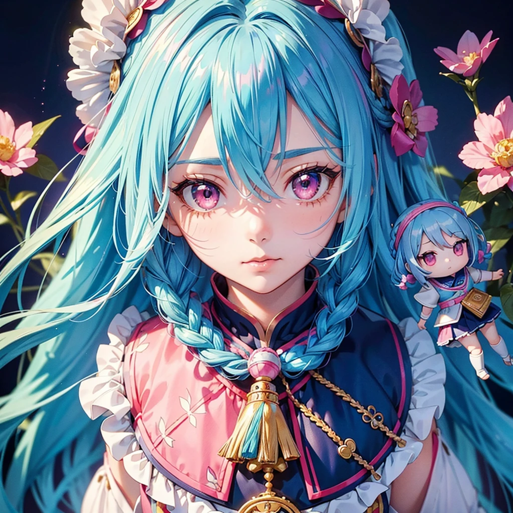(Tying her sky blue hair into a single braid),(Pink Eyes),Fair skin,whole body,alone,Doll Festival、Hina Dolls、Hina Arare、masterpiece, Highest quality, Very detailed, Best Shadow,Detailed Background,Beautifully detailed face,High Contrast,Best lighting, Very delicate and beautiful,Cinematic Light,Hyper Detail,8k,Dramatic Light,Exquisite detail,