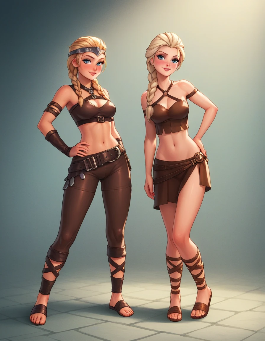 ((Full body photo, standing, feet on the floor)) score_9, score_8_up, score_7_up, score_6_up, 2girls, BREAK elsa (blonde hair, braid, gladiator sandals, leggings and crop top, tied, tied, rope, blushing, kneeling :1.2) BREAK anna (gladiator sandals hair, brown, braided braids, sexy PVC dominatrix outfit, standing with hand on hip, sexy and authoritative: 1.3), dimly lit dungeon, rope, (cinematic lighting: 1 ,4).