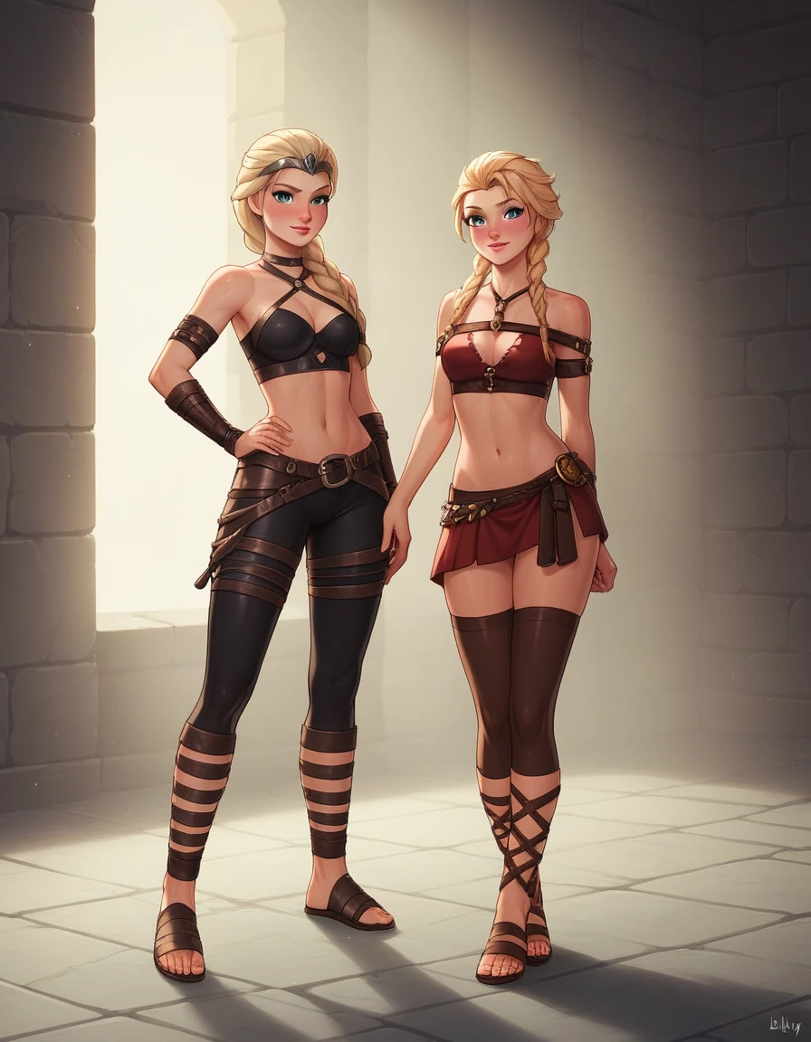 ((Full body photo, standing, feet on the floor)) score_9, score_8_up, score_7_up, score_6_up, 2girls, BREAK elsa (blonde hair, braid, gladiator sandals, leggings and crop top, tied, tied, rope, blushing, kneeling :1.2) BREAK anna (gladiator sandals hair, brown, braided braids, sexy PVC dominatrix outfit, standing with hand on hip, sexy and authoritative: 1.3), dimly lit dungeon, rope, (cinematic lighting: 1 ,4).