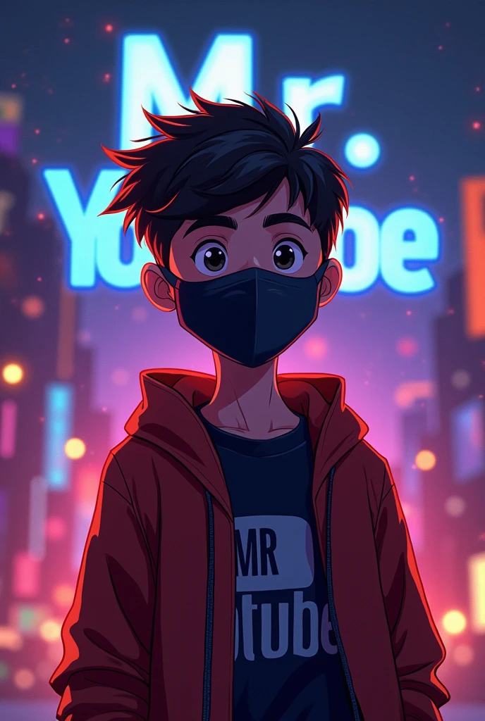 Create a a digital illustration in logo image featuring a boy wearing a face mask, standing in front of a glowing background. In the background, prominently display the text "Mr YouTube" in a bold, glowing font. The overall design should be eye-catching and visually striking, with the glowing text adding a dynamic and engaging effect.