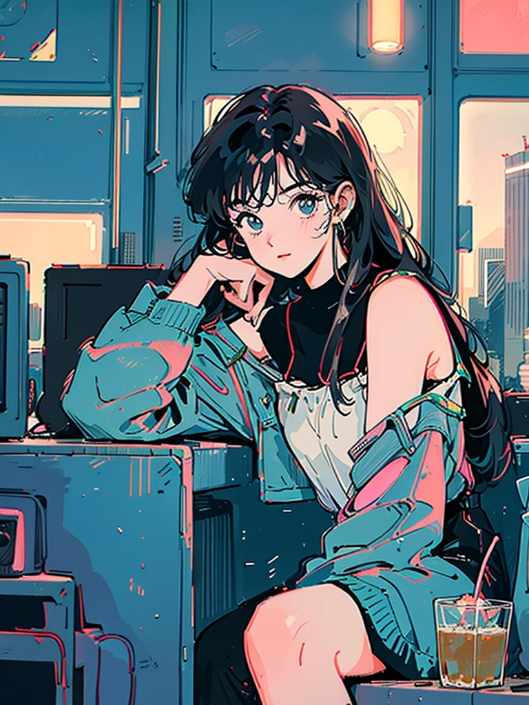 Neon City、City Pop、summer、Behind the scenes、Sitting deep in a chair、Crossing your legs、Neon stand lights in both corners of the room、Drinking a melon cream soda with a cherry on a straw、Headphones、A cluttered workroom、Desktop Computers、Computer Typing、Retro、Fan、record、Famicom、cd、壁に貼られたRetroポスター、Full body shot from a distance、Room depicted from a diagonal angle、Neon color scheme、