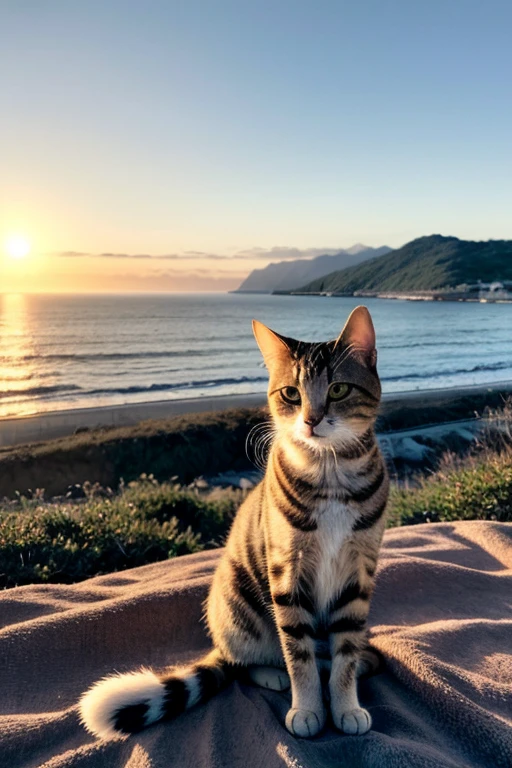 A cat, short fur, dynamic posture, glistening, 
outdoors, mountainous horizon, sunrise, ocean,
feeling peaceful and happy, soft light