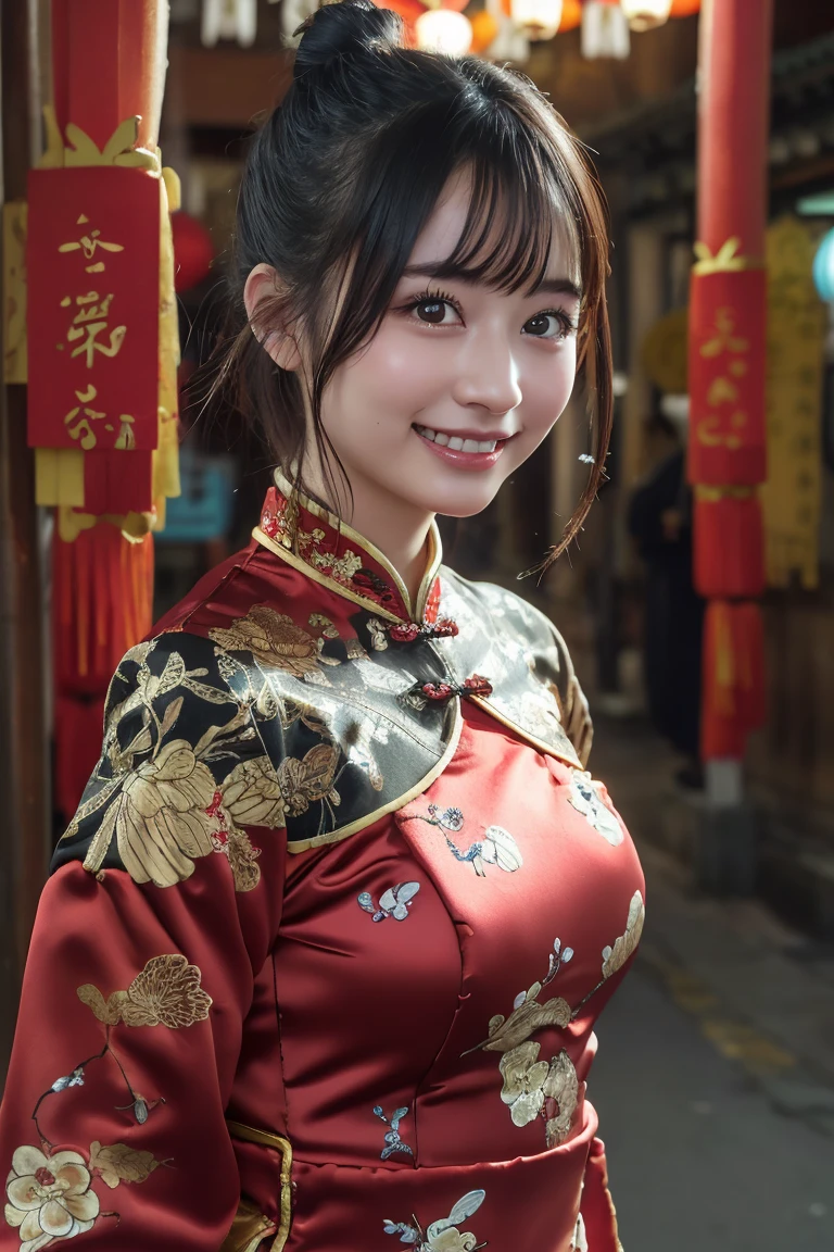 (8k, RAW Photos,Highest quality, High resolution:1.1), (Ultra-realistic:1.4),(Realistic, Realistic:1.3),The Beauty of Japan、((smile:1.3))、Yokohama(Chinatown:1.4)、(China dress:1.5)、Bun twin tail、Portrait