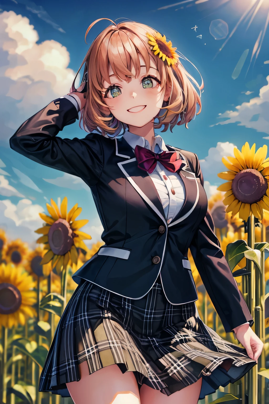 (8k, raw photo, masterpiece, extremely detailed, best quality, professional lighting, high res), beautiful and adorable girl, honma himawari, ahoge, sunflower hair ornament, school uniform, black jacket, plaid skirt, (energetic girl), big smile, BREAK high school, summer, sunflowers