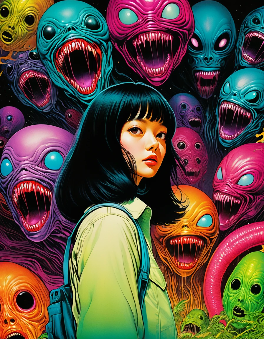 An illustration、art、70s horror movie posters, Supervised by Junji Ito、High detail, Realistic Shadows、Analog Style, chromatic aberration, Surrealism、Complementary Gradient、alien attack