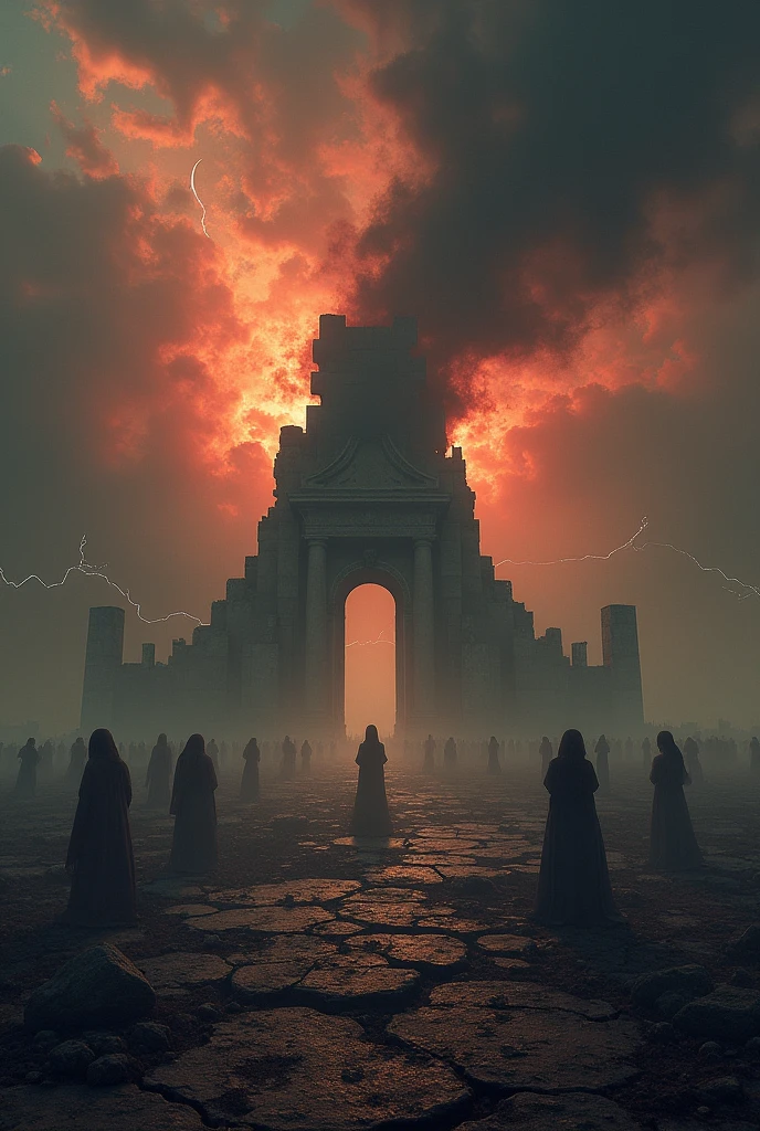 The image shows an apocalyptic landscape, with dark clouds covering an ominous sky. In the center of the image, a large ruined structure stands, probably an ancient temple or religious building. Around this structure, Blurry figures and silhouettes are seen that appear to be in conflict or in a battle.

on the horizon, Occasional flashes of lightning and lightning are seen, giving a feeling of chaos and tension. The ground is cracked and appears to have suffered some sort of catastrophe or cataclysmic event..

The predominant color palette is dark and somber., with red and orange tones suggesting an atmosphere of danger and impending destruction. small details, like a crescent moon or mystical symbols, may appear in the image, reinforcing the prophetic and apocalyptic nature of the scene.