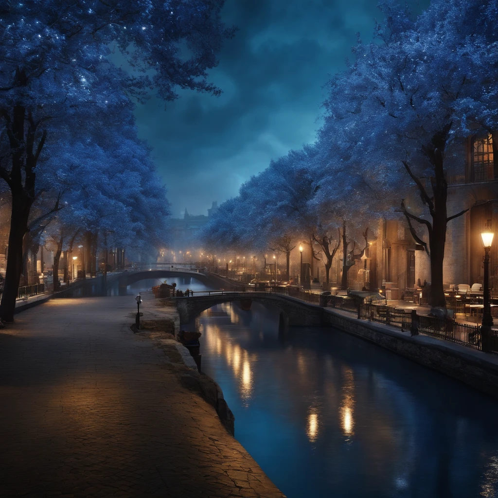 (wallpaper of a super detailed city with beautiful blue trees), ( better lighting, best art direction, best landscapes)