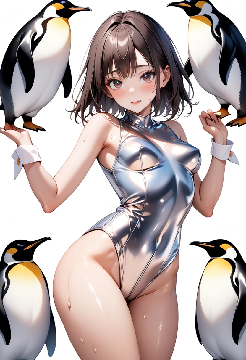 (((Wearing a penguin-inspired costume))), ((Shiny Costumes)), skindentation, skinny, solo, 1 woman, Masterpiece, highest quality, highest quality, 16K, incredibly absurd, highly detailed, 2.5D, ai-generated, delicate and dynamic, very delicate facial expressions, delicate eye depiction, erotic, only sexy woman, ((A cute and kind face)), healthy figure, ((25-year-old woman)), 160cm tall, medium firm swaying bust, Dark Hair, blush, Sweat,Embarrassed,sexy, ((thin thighs)), shiny and lustrous, facing straight at viewer, (((in heat))), ((Oily_skin)), ((Lots of sweat)), (((Brown Skin))), ((dutch angle)), ((erotic pose)), (((Dynamic Pose))),