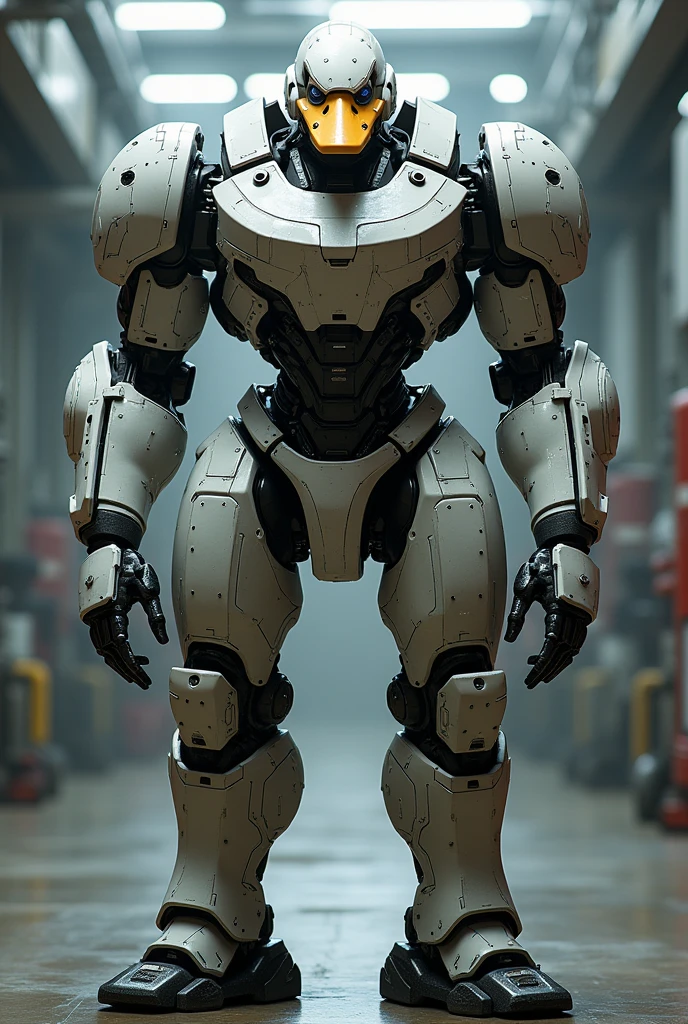 Robot duck cyber, humanoid , full body ,arms and legs , muscular big , military