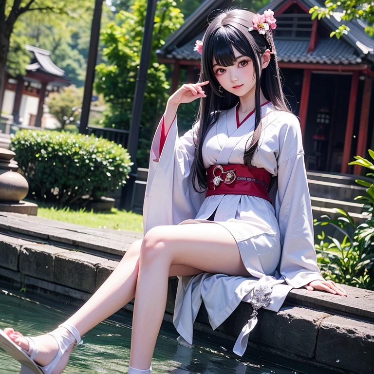 High definition、anime、A pure girl dressed in a shrine maiden's outfit、Flowers sprout from beneath your feet、18age、Halfred with long silver hair、Full body portrait、beautiful girl、A long-sleeved miko outfit、Large eyes like opals、Powerful eyes、Kagura Dance