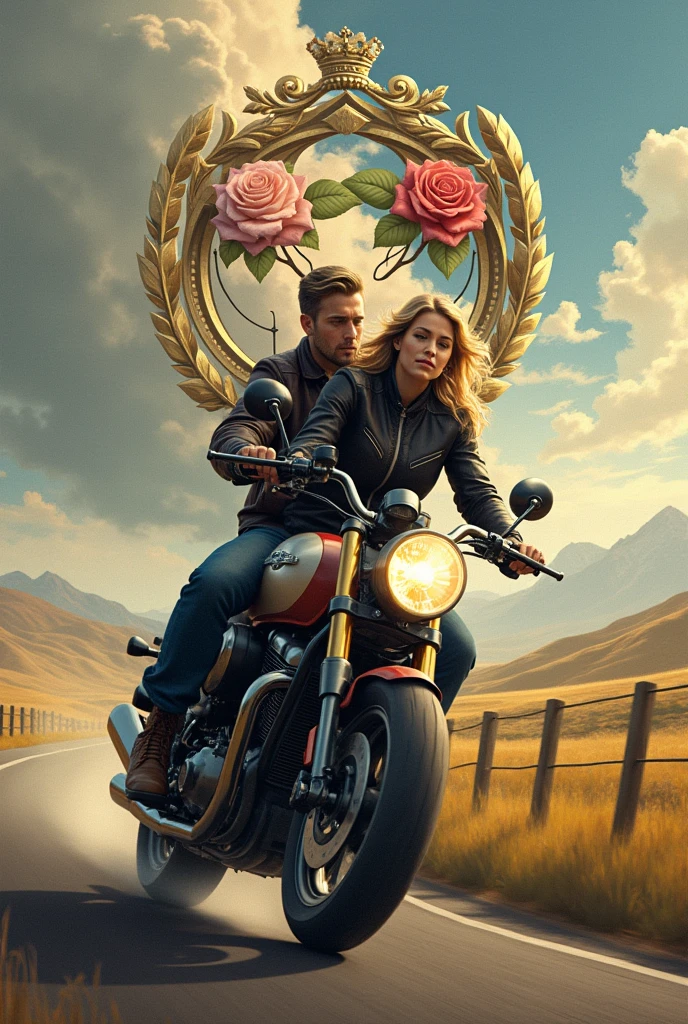 A couple riding a motorcycle, rose of the winds and a road inside a coat of arms