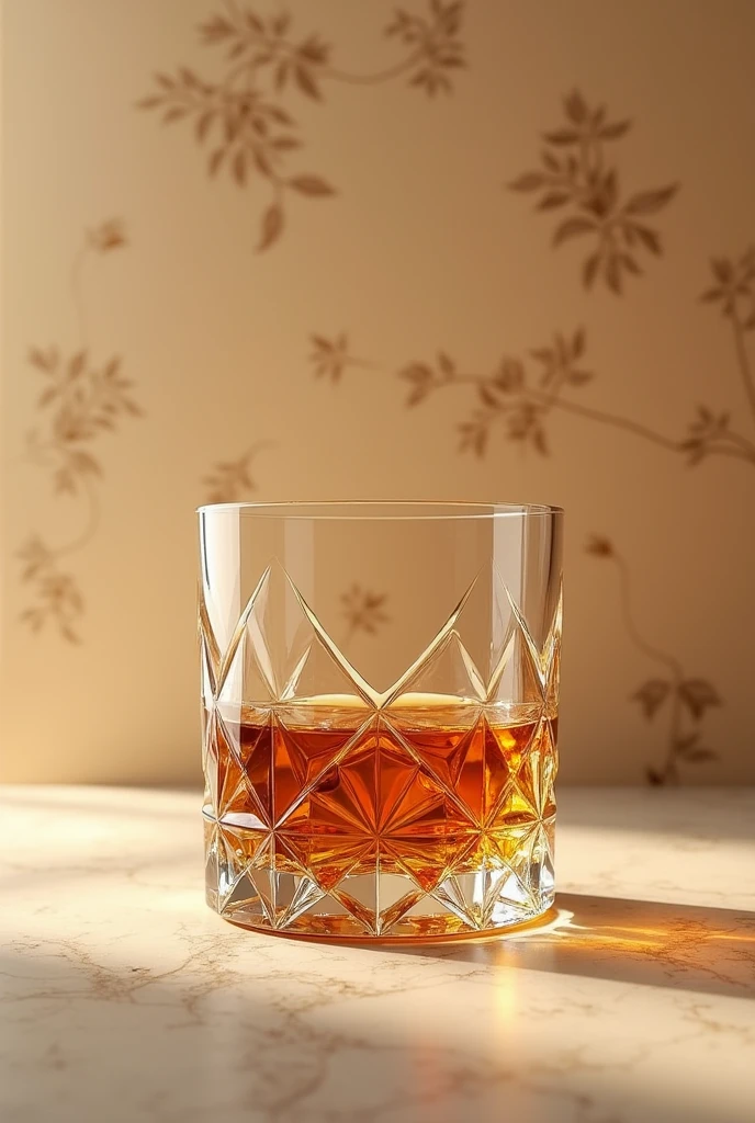 Shows a short glass of whiskey with crystal details, against a beige background with many details and a shadow.
