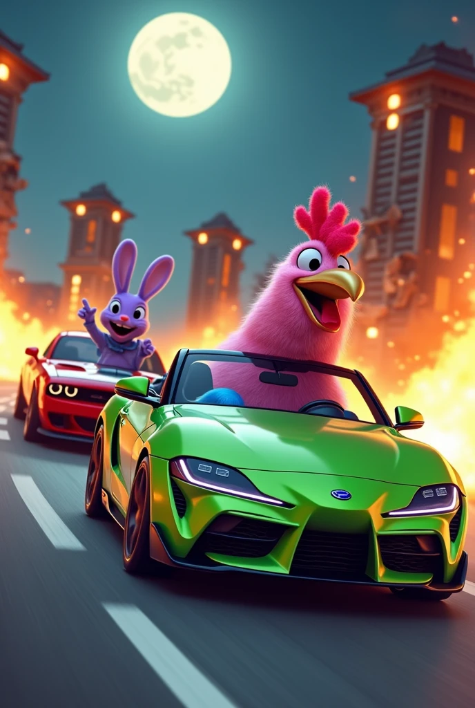 A pink rooster with blue legs and a golden beak riding a green convertible Supra in a race with a purple rabbit riding a red convertible Dodge Challenger. In the background, there are three destroyed buildings on fire at night with a full moon..