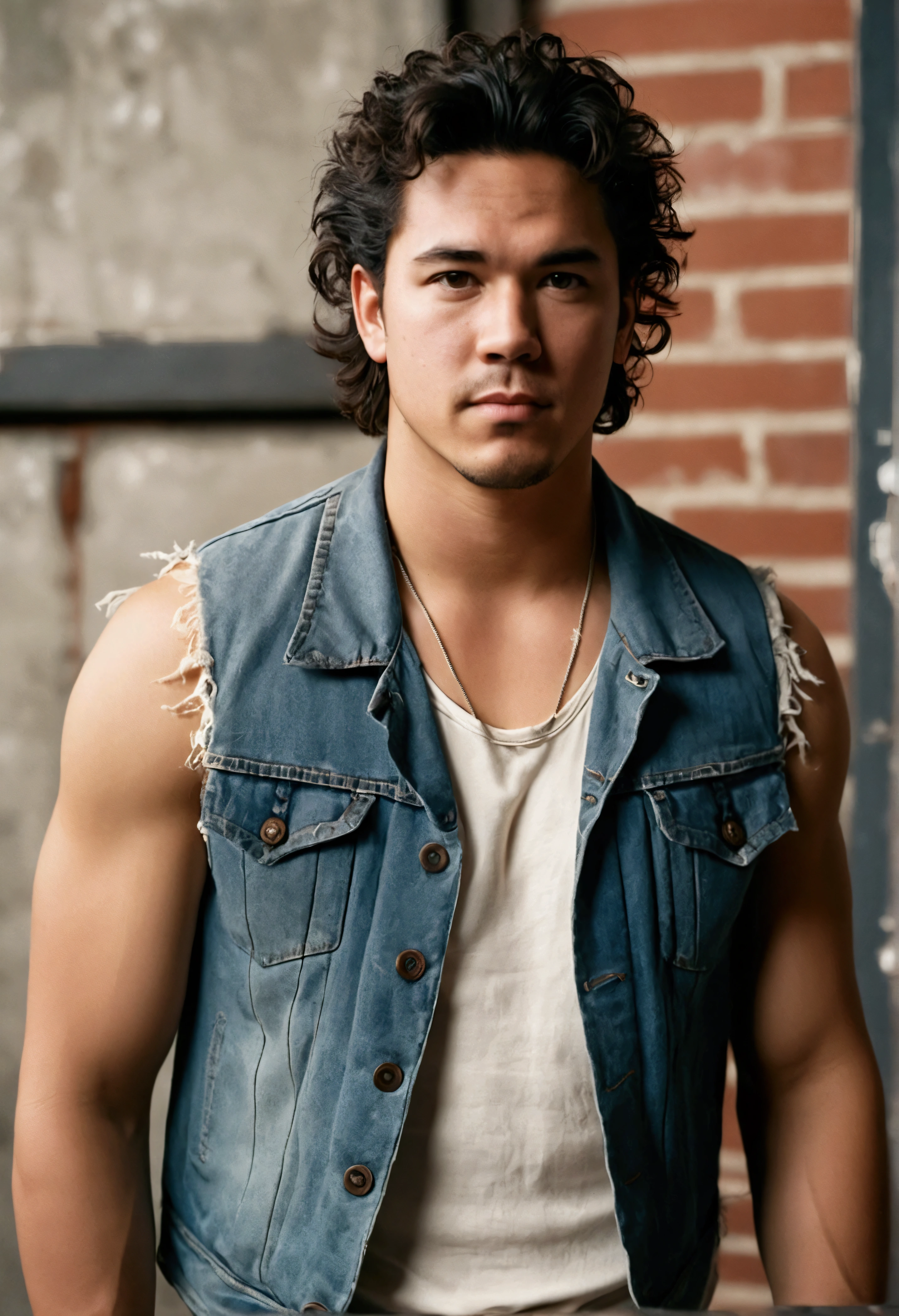 analog film photo, photo of a punk, 25 years old, male, brown eyes, short dark curls, tan complexion, soft facial features, medium height, broad shoulders, stocky physique, slightly chubby, lots of body hair, wearing a frayed denim vest and a tank top and ripped jeans, posing in an industrial loft, resembles Dean Cain, RAW Photograph, dslr, soft lighting, high quality, film grain, Fujifilm XT3, detailed skin with visible pores, insane details, masterpiece, 8k, 35mm photograph, dslr, kodachrome, faded film, desaturated, grainy, vintage, Lomography, stained, highly detailed, found footage, full-body shot