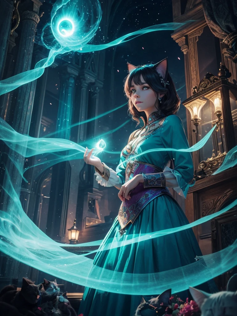 A Magical Woman, in a magical setting with a cat with turquoise glowing eyes 