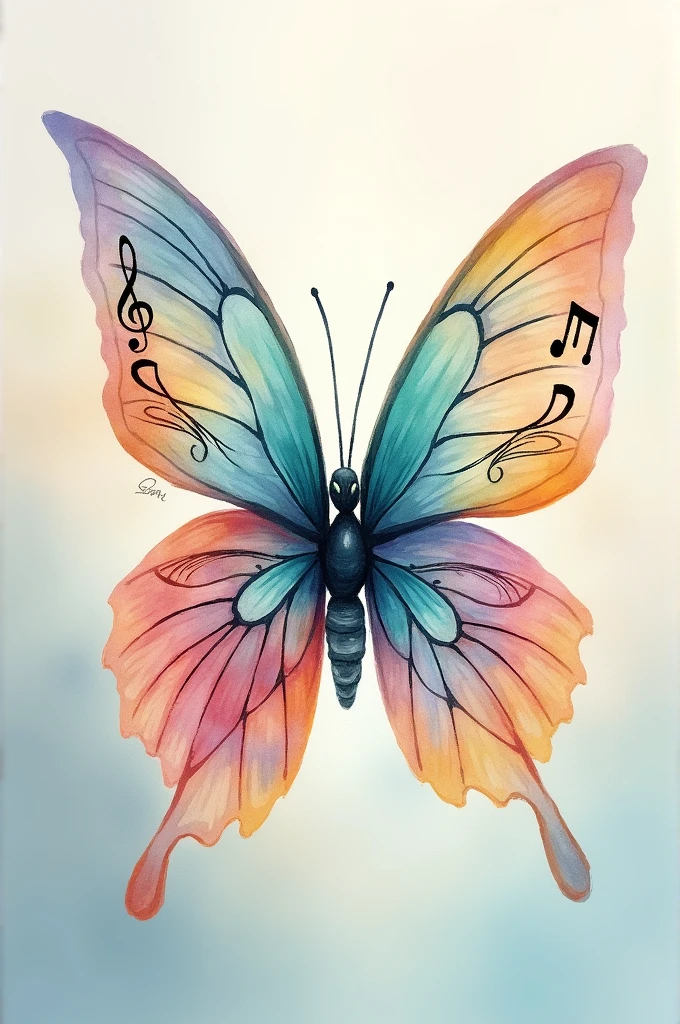 A butterfly with wings of watercolor colors, inside the wings there are musical notes that stand out from its wings