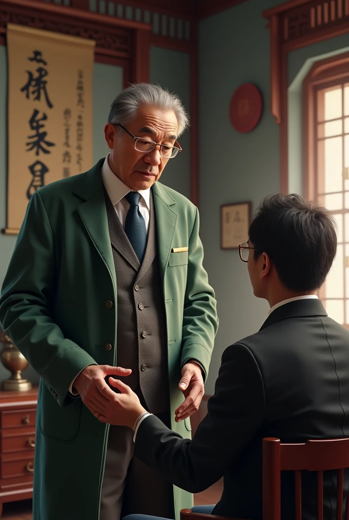 A 60 years old chinese traditional physician who wear duty coat over the traditional suit and is examining a man patient.