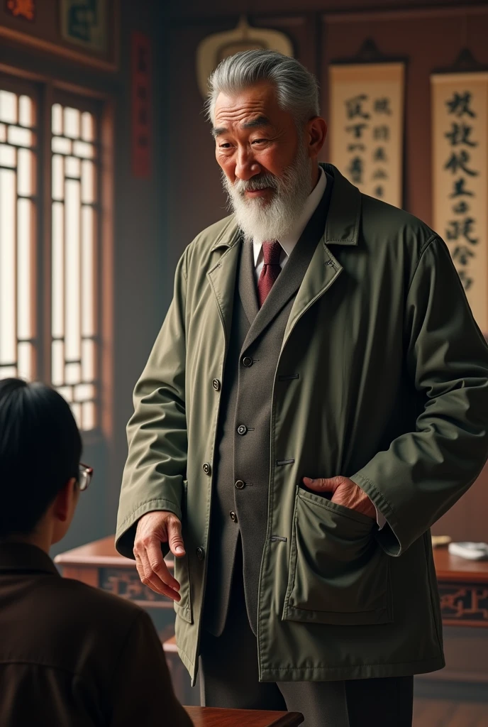 A 60 years old chinese traditional physician who wear duty coat over the traditional suit and is examining a man patient.