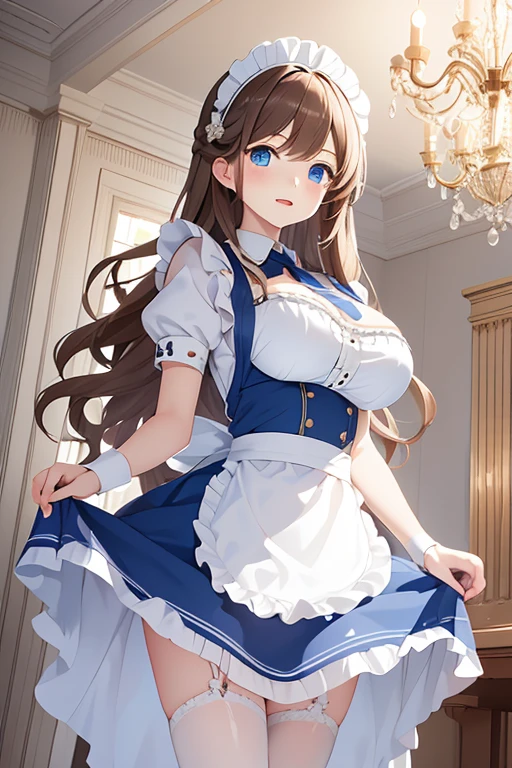 masterpiece, best quality, 1 girl, solo, large breasts, wavy hair, brown hair, light blue eyes, maid, maid headdress, frill apron, in the castle, chandelier, standing, skirt lift,