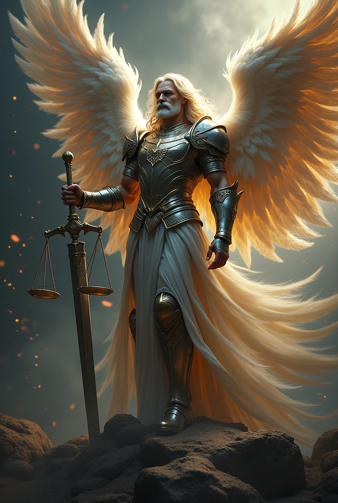 Imagine San Miguel with a suit of armor, sword in hand, stepping on a demon. The background is dark, hyperrealistic clouds with real wings and realistic feathers. In his other hand, he holds the scales of justice. His face is beautiful, and the focus is more on the archangel's body than the background.