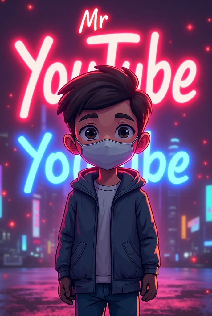 Create a a digital illustration in logo image featuring a boy wearing a face mask, standing in front of a glowing background. In the background, prominently display the text "Mr YouTube" in a bold, glowing font. The overall design should be eye-catching and visually striking, with the glowing text adding a dynamic and engaging effect.