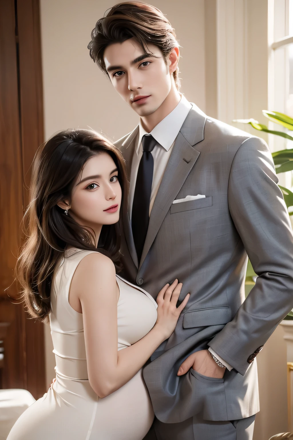 Modern. Suit men wear. elegant couple, One man and one beautiful pregnant girl. She has huge breasts, big pregnant belly. Dark Hair. Very detailed face. Cute eyes (Perfect Eyes). 8k resolution. masterpiece. romantic, like, Shining Light. View your viewers. petal. pastel colour.