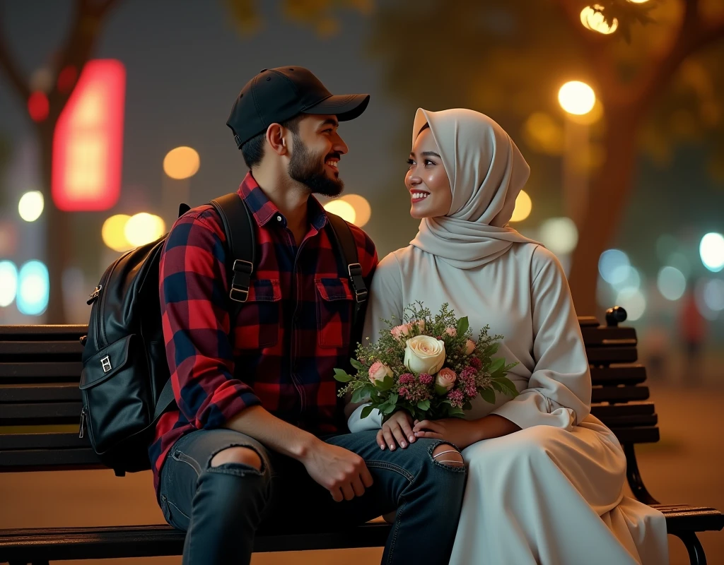 Hyper realistic, a 28 year old Indonesia man sitting on the bench park, ideal body, look straight ahead, wearing dark red flannel shirt and dark ripped jeans pants and black hiking hi-shoes with black backward trucker hat, wear dark leather backpack, wear headphone, masculine photoshoot pose, arrogant man expression, together with his beautiful girlfriend wearing white hijab and white long dress and holding a flowers, happy, romantic, Bandung night town as background. Use soft photography lighting. top lighting. top lighting, slide lighting, high quality photos, UHD, 64k. shot with Canon EOS 5D Mark IV, cinematic portrait, Realistic face, not changing face, no mustache, Real photo, unchanging face, background change. Real Picture 8k ultra, man, gamer, hyper detailed, sharp focus, studio photo, intricate details, highly detailed, photo real, bright colors, digital graphics, unreal engine, blender art, perfect composition, octane rendering, masterpiece, sharp focus, high detail, art station, concept art, perfect composition, a model of ultra-high quality and clarity, perfect play of light and shadow, 32k UHD, hyper-detailing, complex artistic masterpiece, ((best quality)), ((masterpiece)), (detailed), perfect face