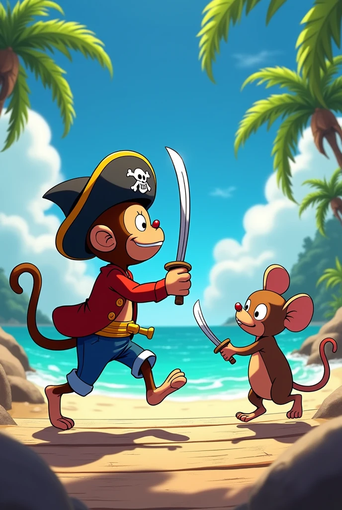 a monkey and a mouse with swords in a one piece pirate movie