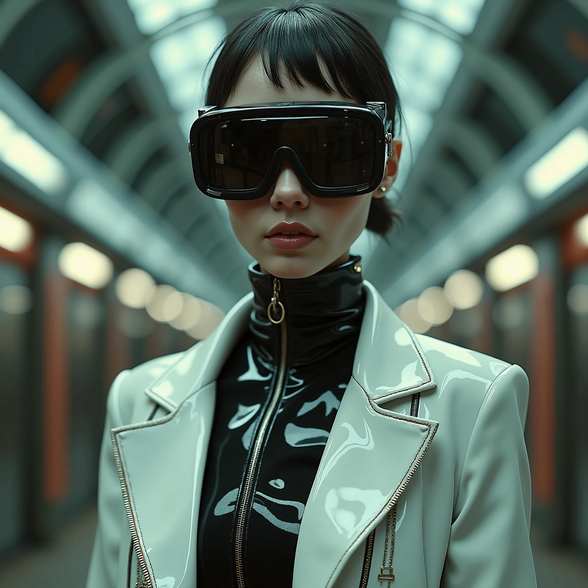 avatar, high end designer clothing designer, in the style of surreal cyberpunk iconography, light white and dark black, 8k resolution, feminine body, shiny eyes, made of rubber, vintage sci-fi 