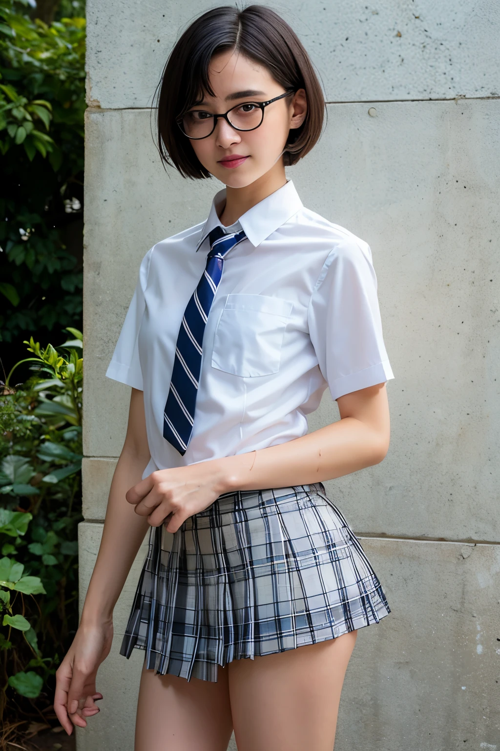 ((Highest quality)), ((masterpiece)), (detailed), One person,Perfect skeleton,Small hands,Long limbs,Wearing rimless glasses,Short Hair,Looks about s old,cute,Soaked uniform,Soaked white shirt,tie,Gingham check mini skirt,Very small breasts,Soaked uniform,Wet and transparent uniform,Short-sleeved shirt,Blue and white striped bra,Skin drenched in the pouring rain,My whole body was soaked,A shy smile,back,Turn around,I can see your chest,Flat Chest,See-through underwear