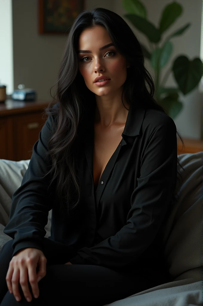 Megan fox wearing black clothes and sitting in her room
