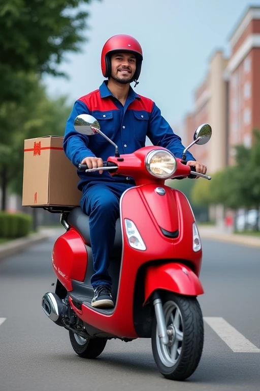 Young man in blue and red uniform ready for work riding a red motorcycle with a delivery box behind him.