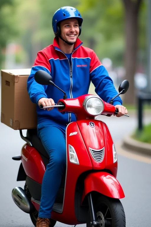 Young man in blue and red uniform ready for work riding a red motorcycle with a delivery box behind him.