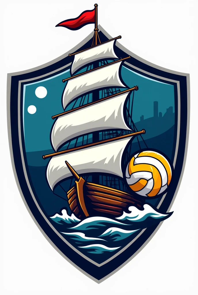 Make a team shield called frigate volleyball, with a ship and a volleyball