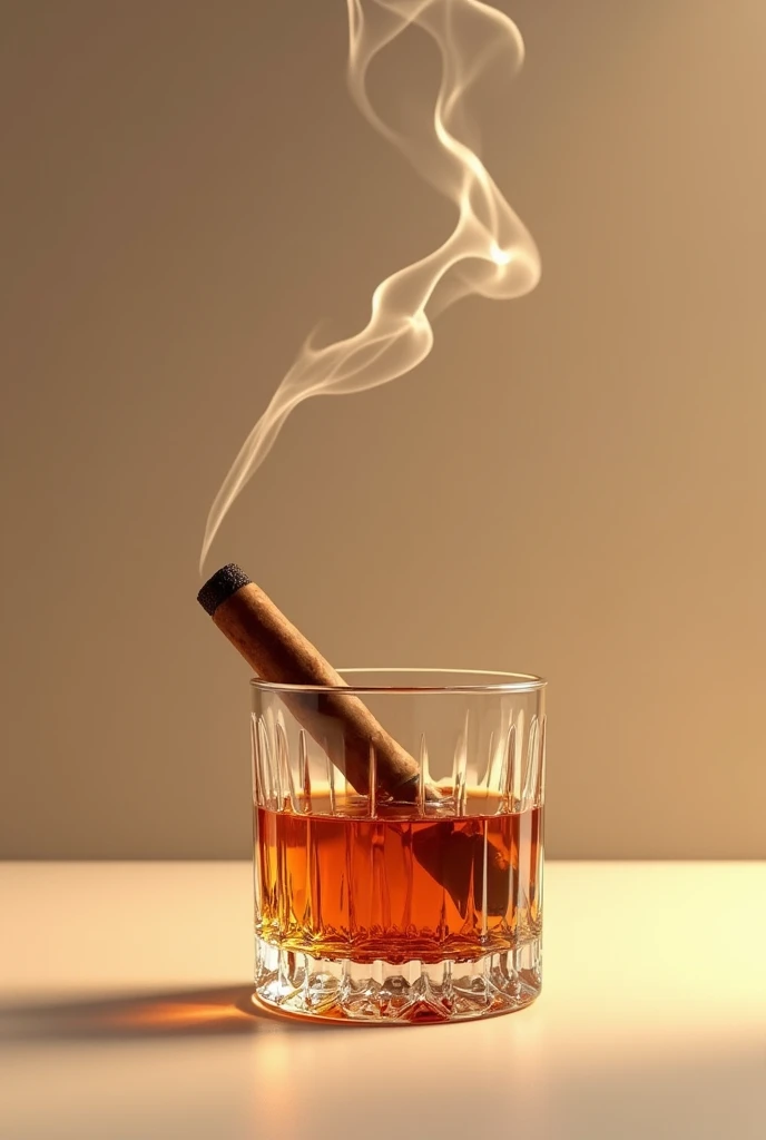 Shows a short glass of whiskey with crystal details, against a beige background and a cigar on top with smoke