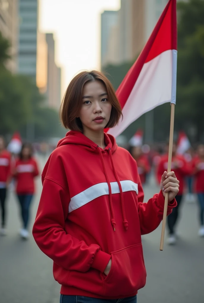 very high quality photo, independence scene, a woman wearing a hijab from Indonesia, short hair combed neatly, wearing a red and white hoodie carrying a flag posing on the side of a city road, full body, realistic and cool visual effects, looks real and perfect, UHD 64K, very sweet