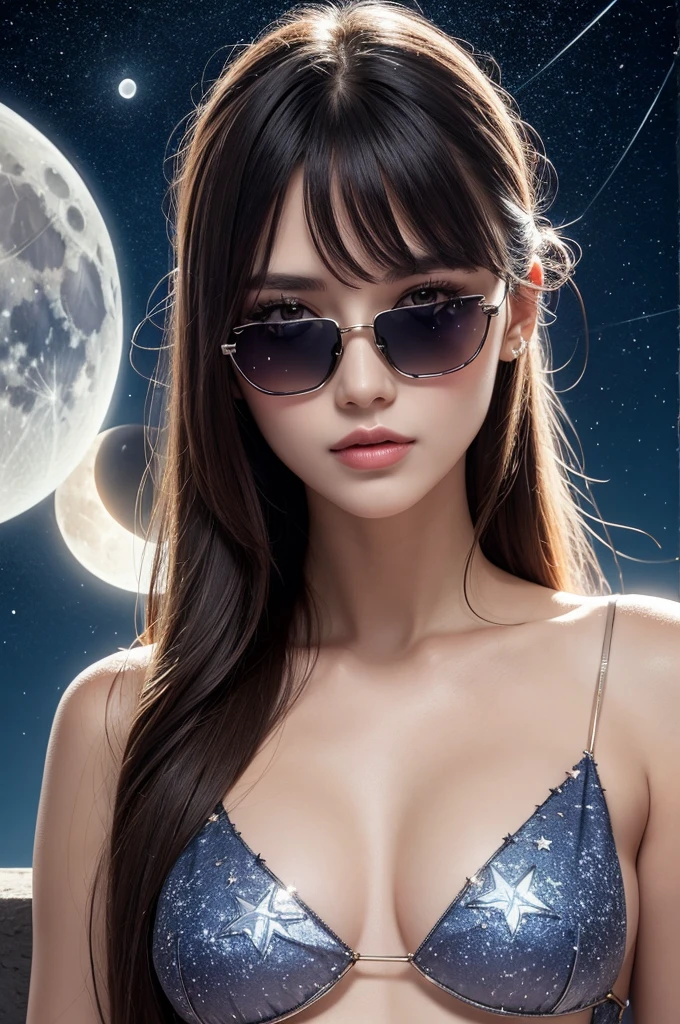 The model is wearing glass sunglasses with stars and the moon on the glass