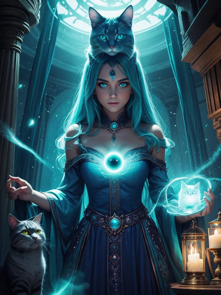 A Magical Woman, in a magical setting with a cat with turquoise glowing eyes 