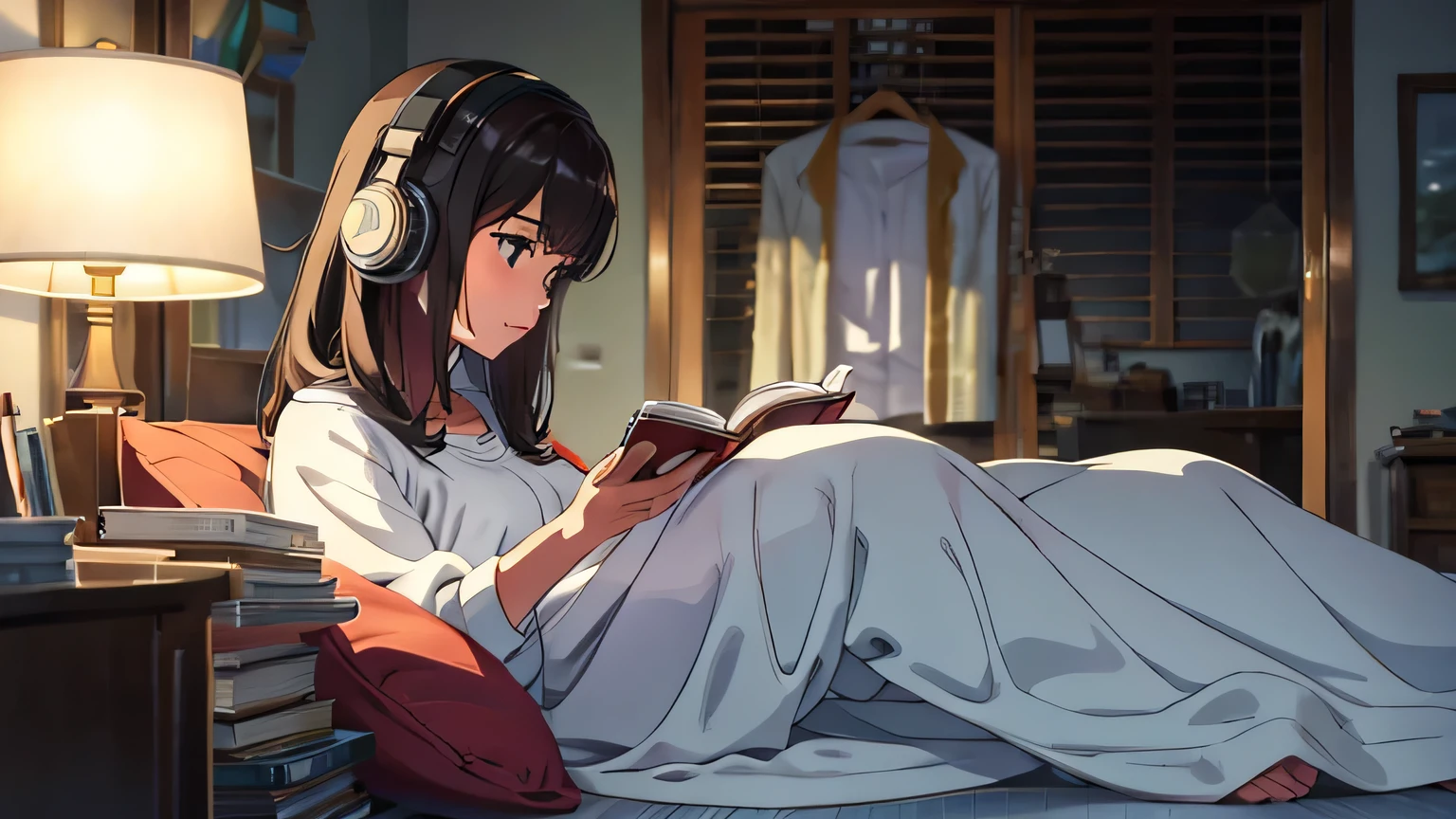 A sweet girl with headphones. She is wrapped in a soft blanket, reading an old book as the soft afternoon light illuminates the scene.